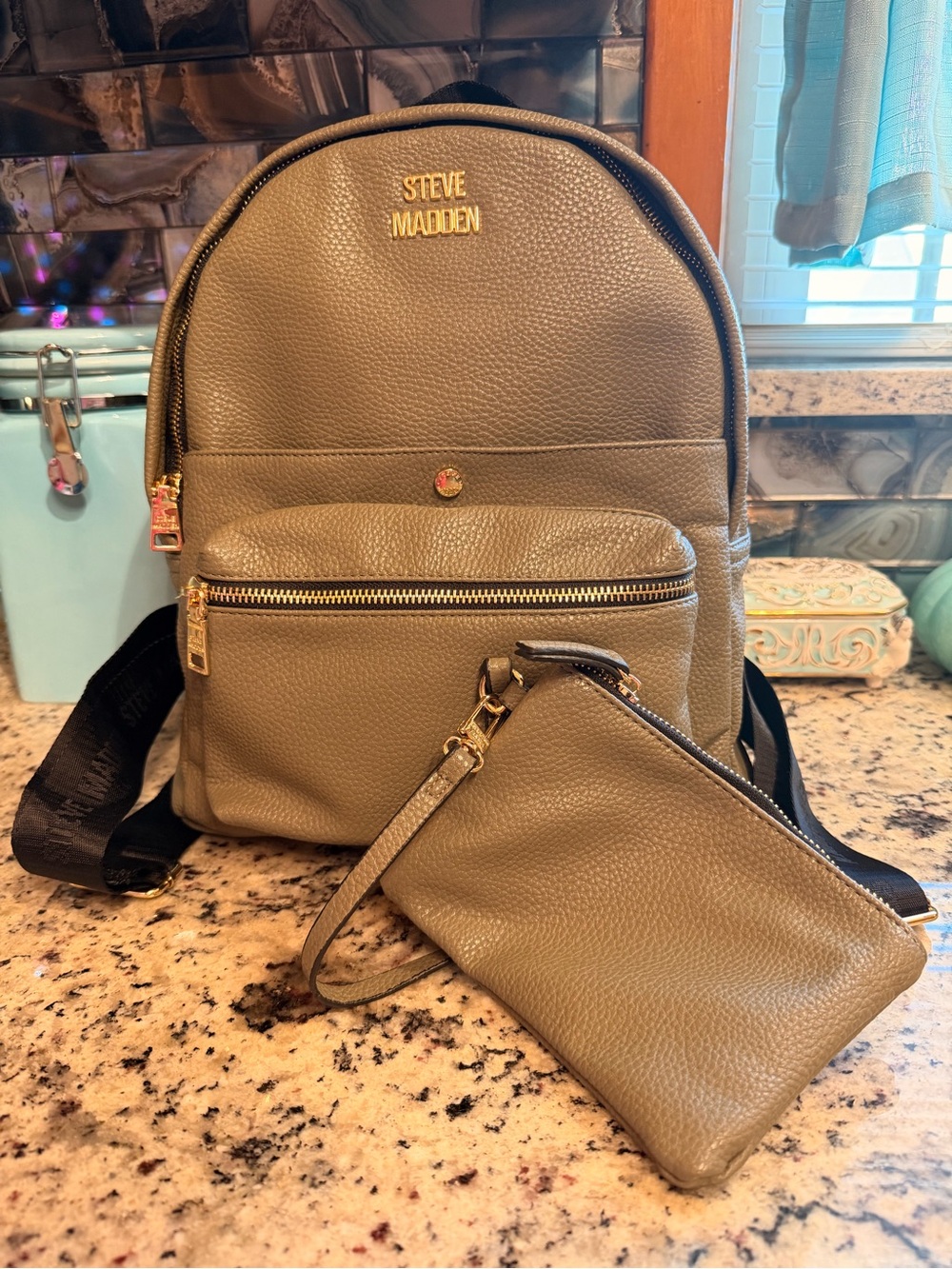 Steve Madden Olive Pebbled Backpack with Matching Wristlet